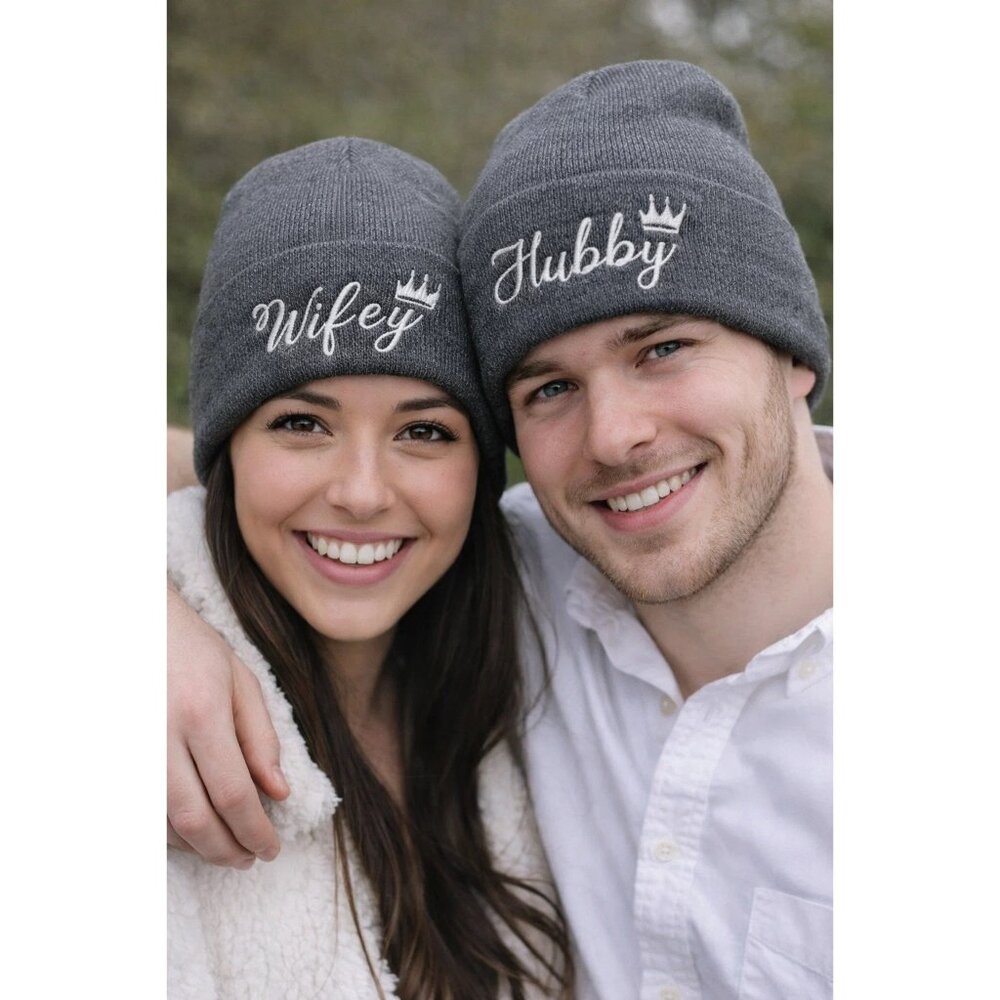 Couples Charcoal Grey HUBBY WIFEY Matching Beanies NEW Wedding Gift